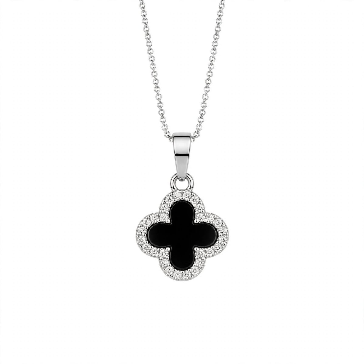 14K Gold Black Onyx Clover Pendant Necklace With Diamond Halo