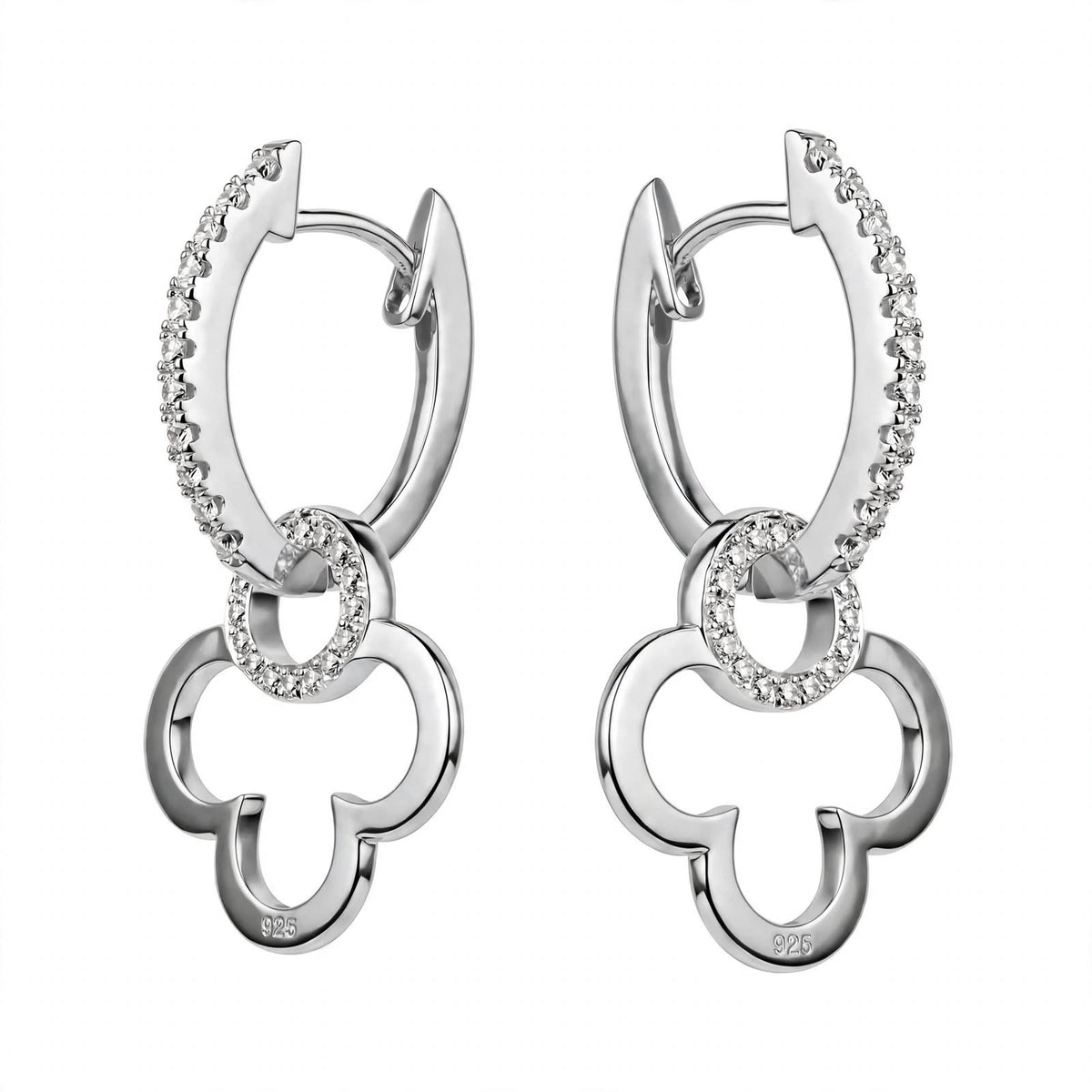 18K Yellow Gold Clover Drop Interlocking Hoop Dangles