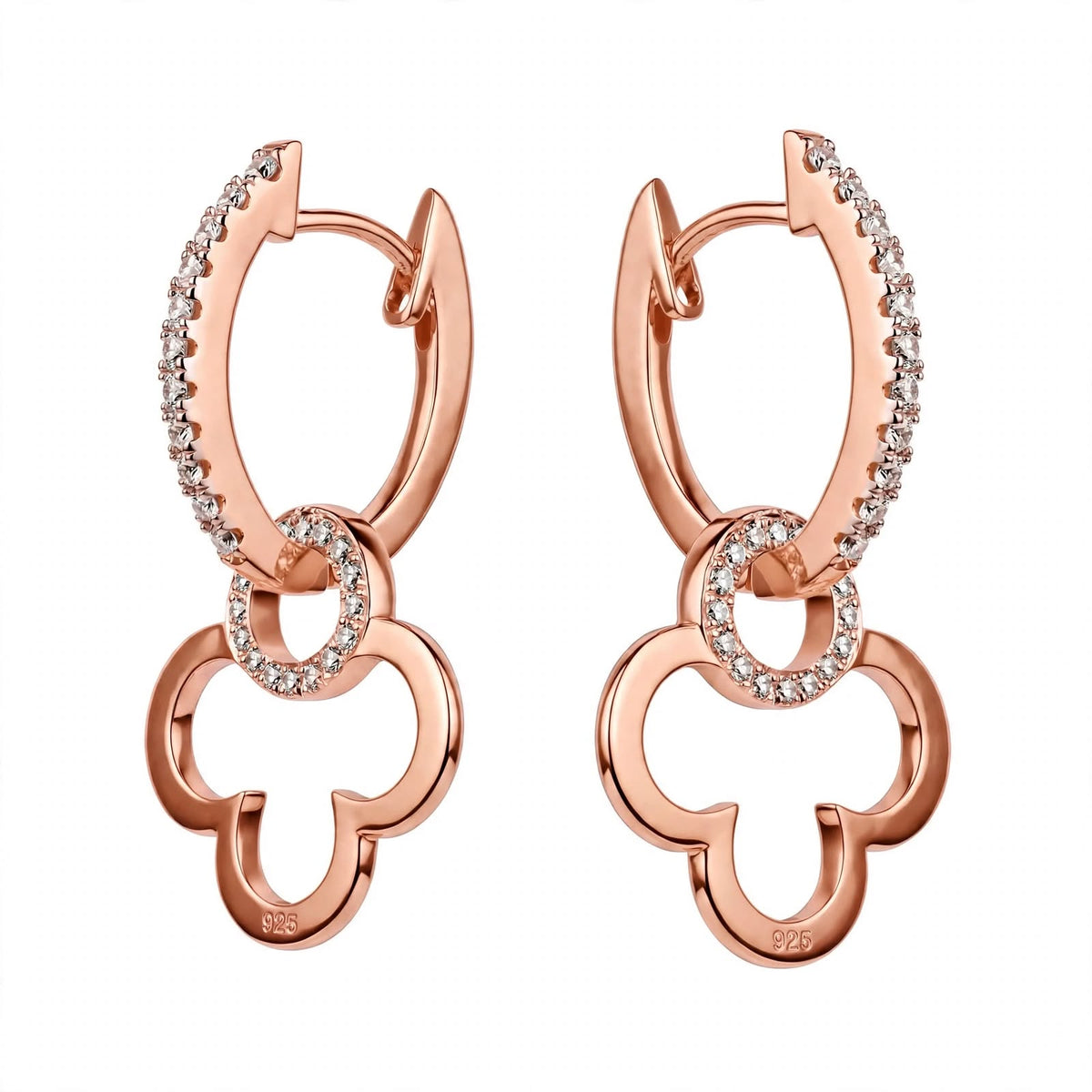 18K Yellow Gold Clover Drop Interlocking Hoop Dangles