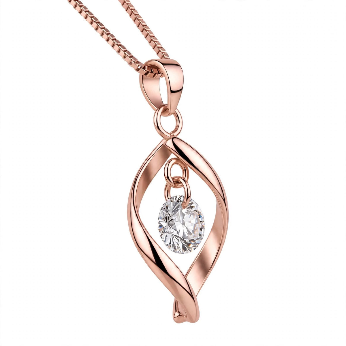 18K White Gold Twisted Leaf Floating Solitaire Pendant Necklace