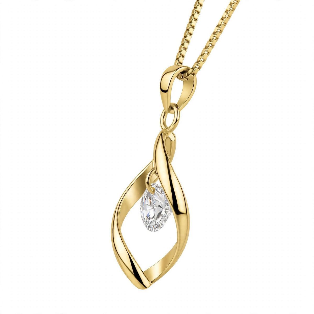 18K White Gold Twisted Leaf Floating Solitaire Pendant Necklace