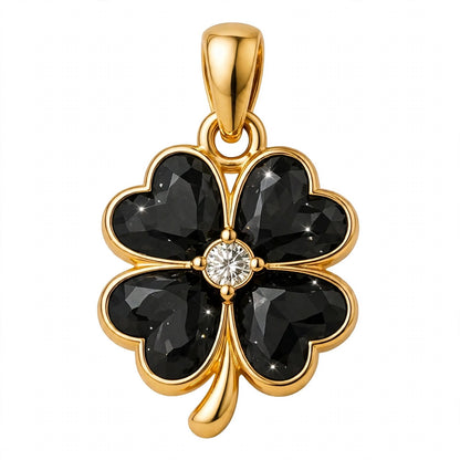 14K Gold Four Leaf Clover Emerald Green Crystal Pendant Necklace