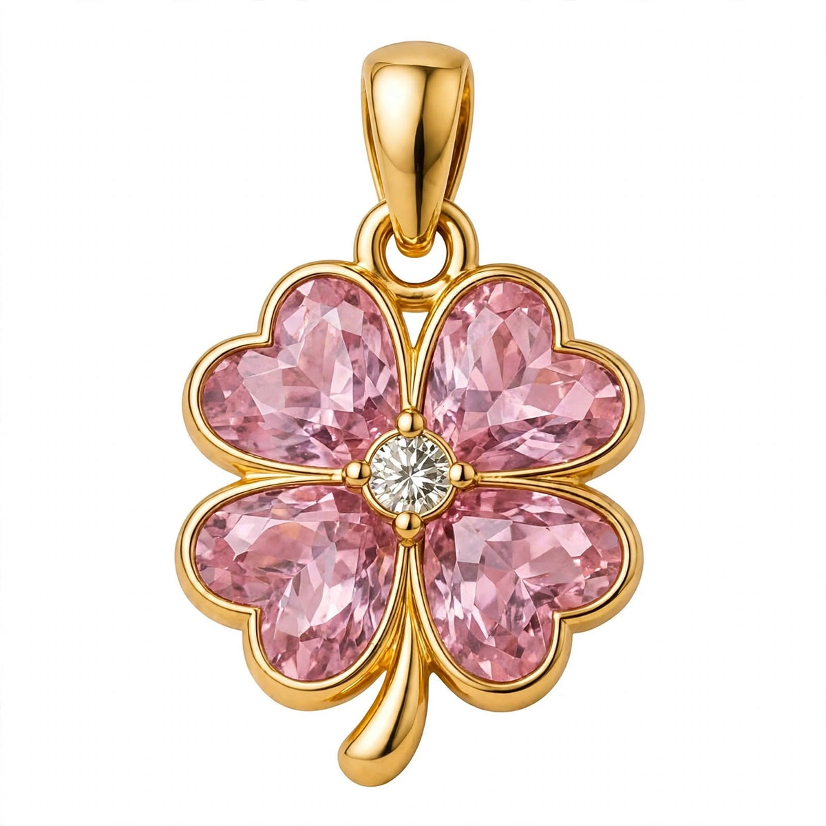 14K Gold Four Leaf Clover Emerald Green Crystal Pendant Necklace