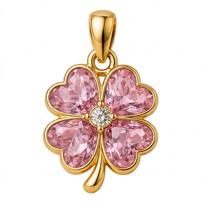 14K Gold Four Leaf Clover Emerald Green Crystal Pendant Necklace