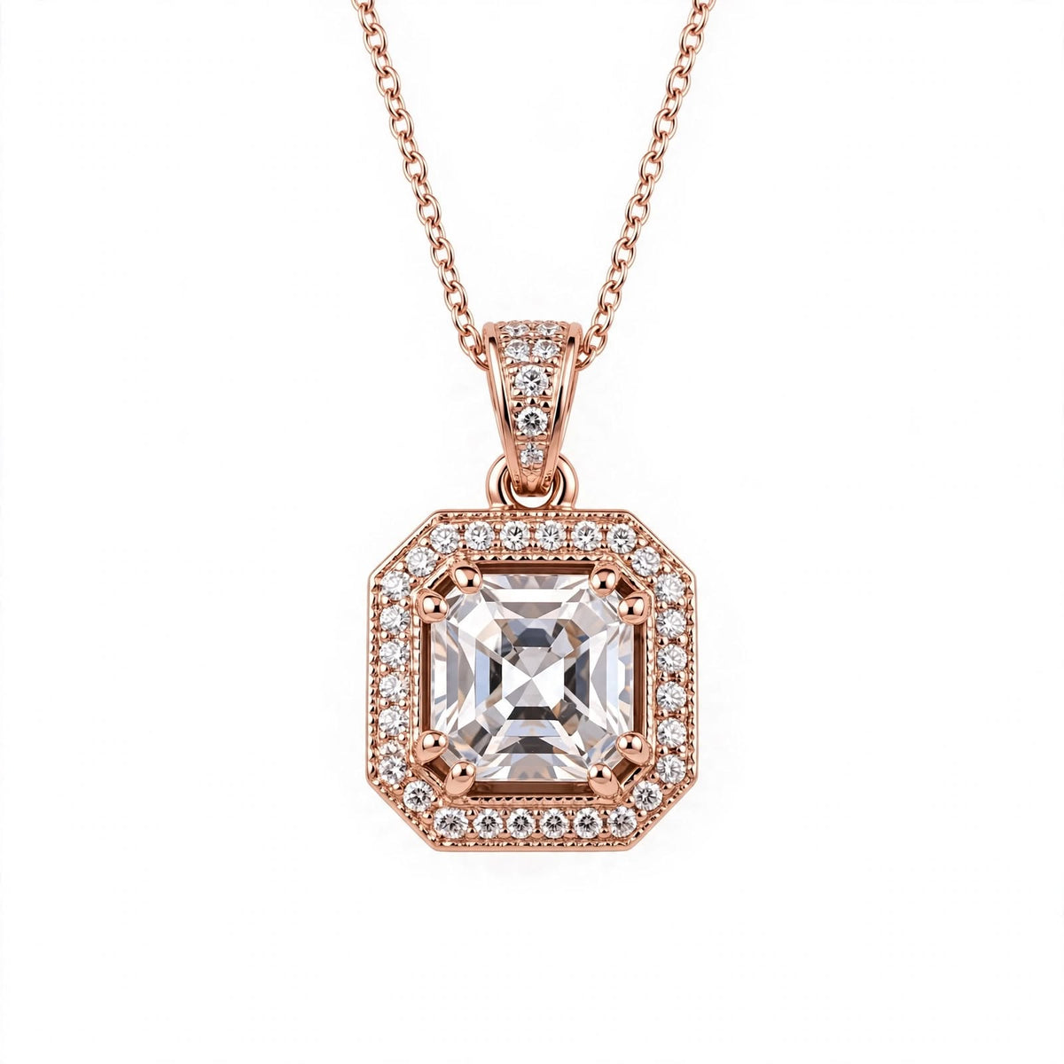 Asscher Cut Halo Solitaire Pendant Necklace.