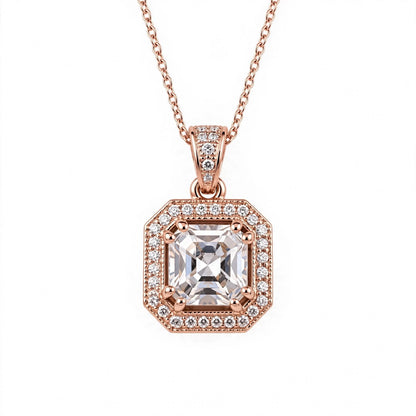Asscher Cut Halo Solitaire Pendant Necklace.