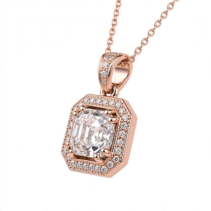 Asscher Cut Halo Solitaire Pendant Necklace.