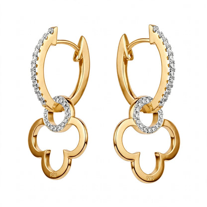 18K Yellow Gold Clover Drop Interlocking Hoop Dangles