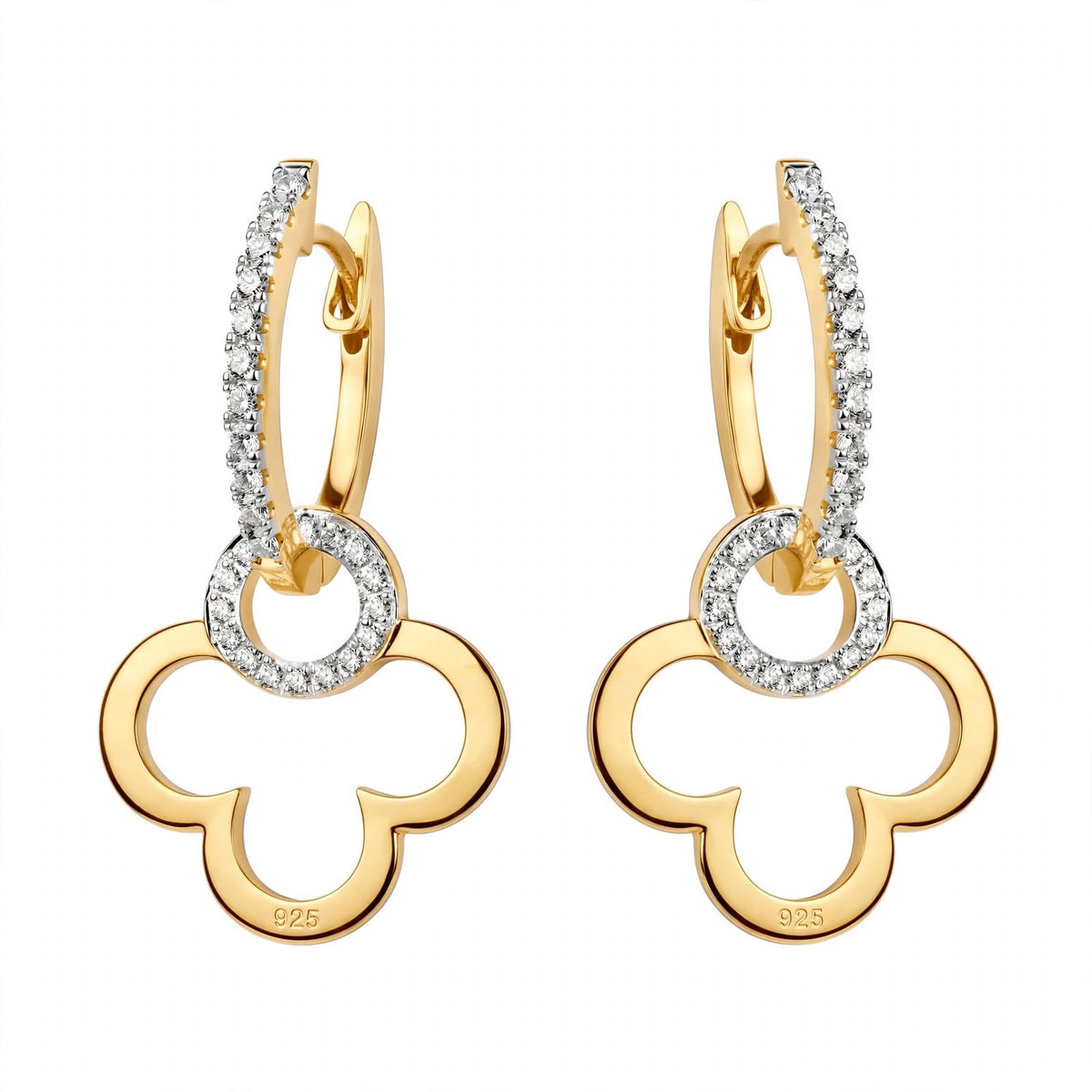 18K Yellow Gold Clover Drop Interlocking Hoop Dangles