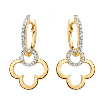 18K Yellow Gold Clover Drop Interlocking Hoop Dangles