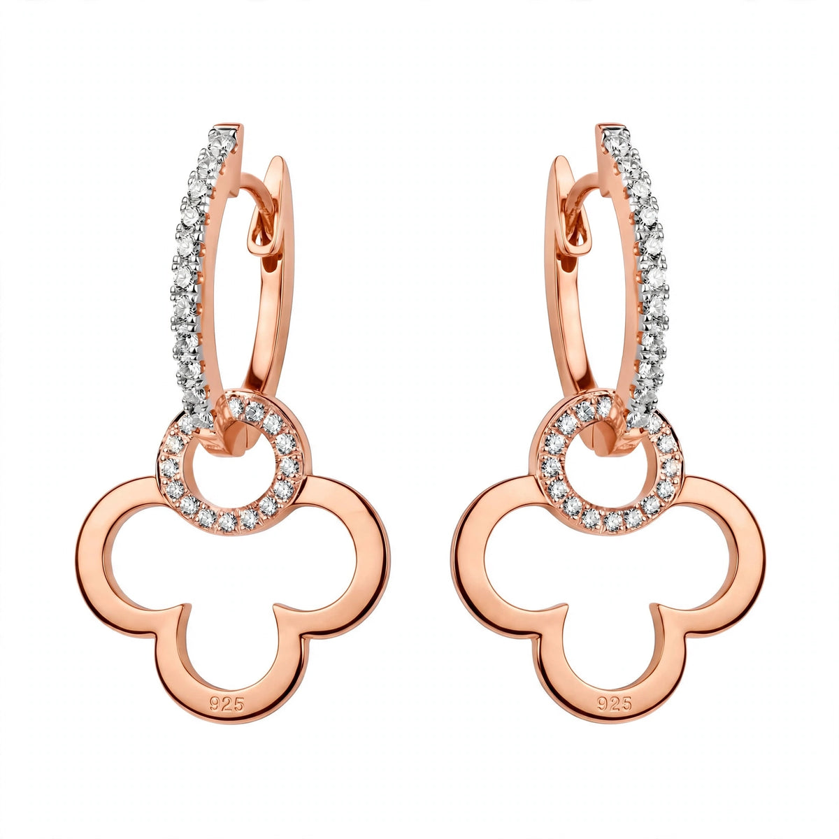 18K Yellow Gold Clover Drop Interlocking Hoop Dangles