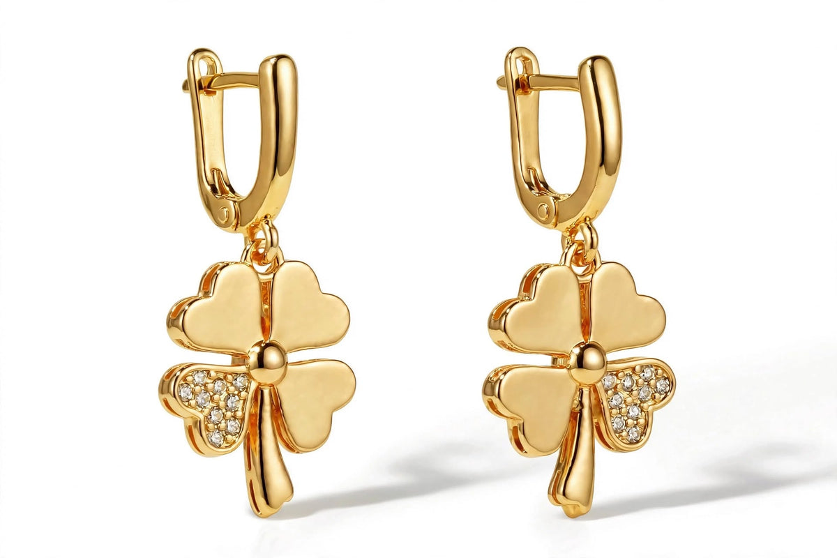 18K Yellow Gold Four-Leaf Clover Drop Earrings