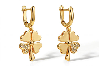 18K Yellow Gold Four-Leaf Clover Drop Earrings