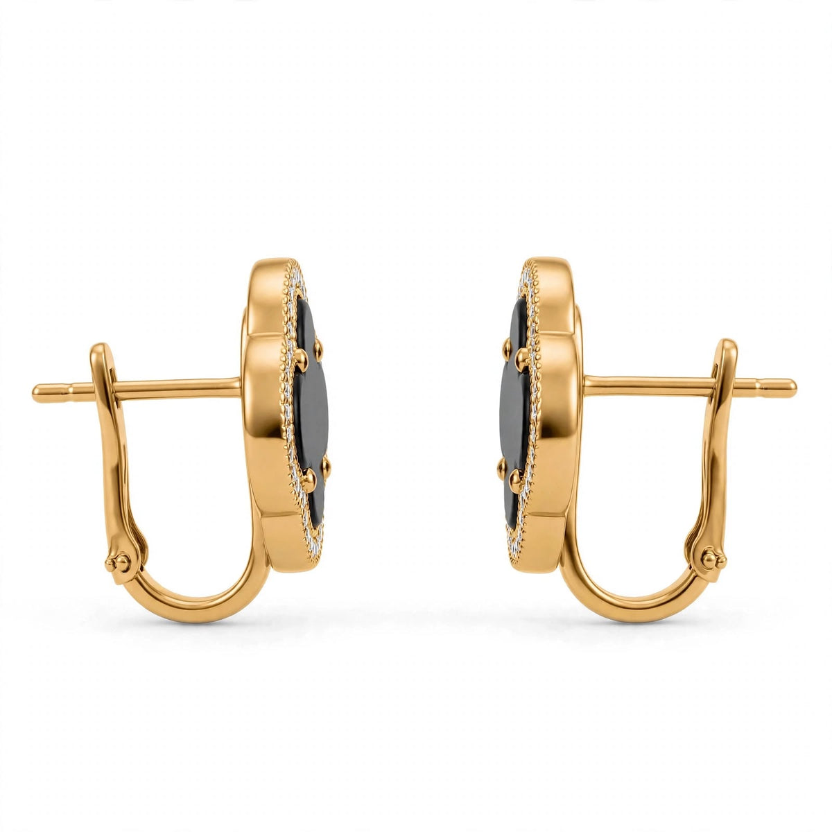 18K Yellow Gold Black Onyx Clover Stud Earrings With Crystal Halo