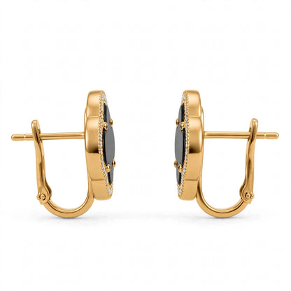 18K Yellow Gold Black Onyx Clover Stud Earrings With Crystal Halo