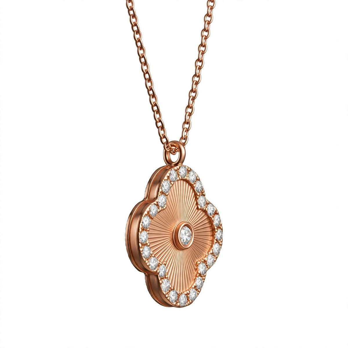 14K Gold Guilloché Clover Pendant Necklace with Diamond Halo
