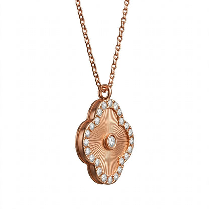 14K Gold Guilloché Clover Pendant Necklace with Diamond Halo
