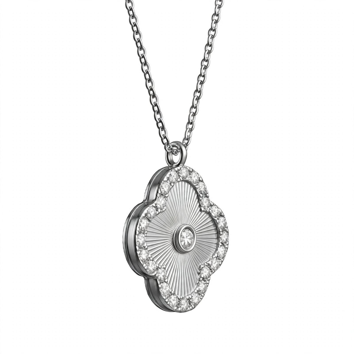 14K Gold Guilloché Clover Pendant Necklace with Diamond Halo