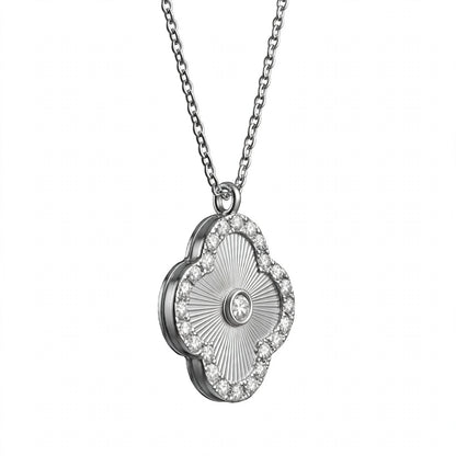 14K Gold Guilloché Clover Pendant Necklace with Diamond Halo
