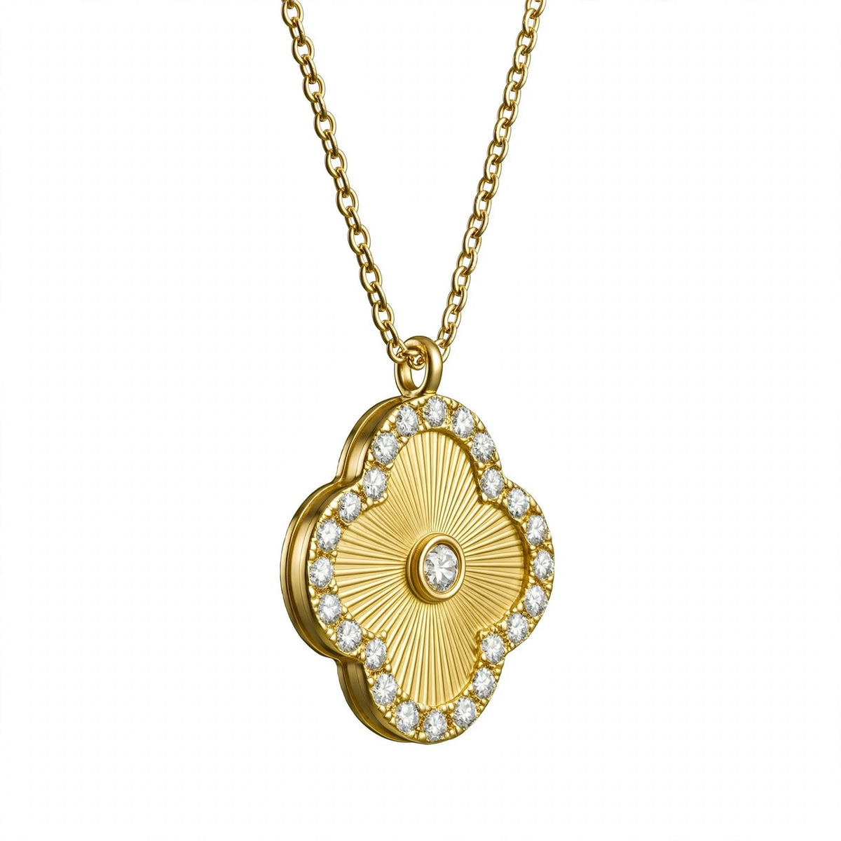 14K Gold Guilloché Clover Pendant Necklace with Diamond Halo