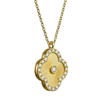 14K Gold Guilloché Clover Pendant Necklace with Diamond Halo
