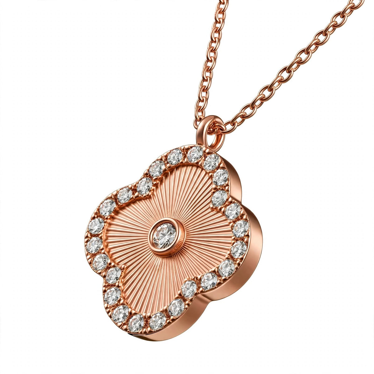 14K Gold Guilloché Clover Pendant Necklace with Diamond Halo