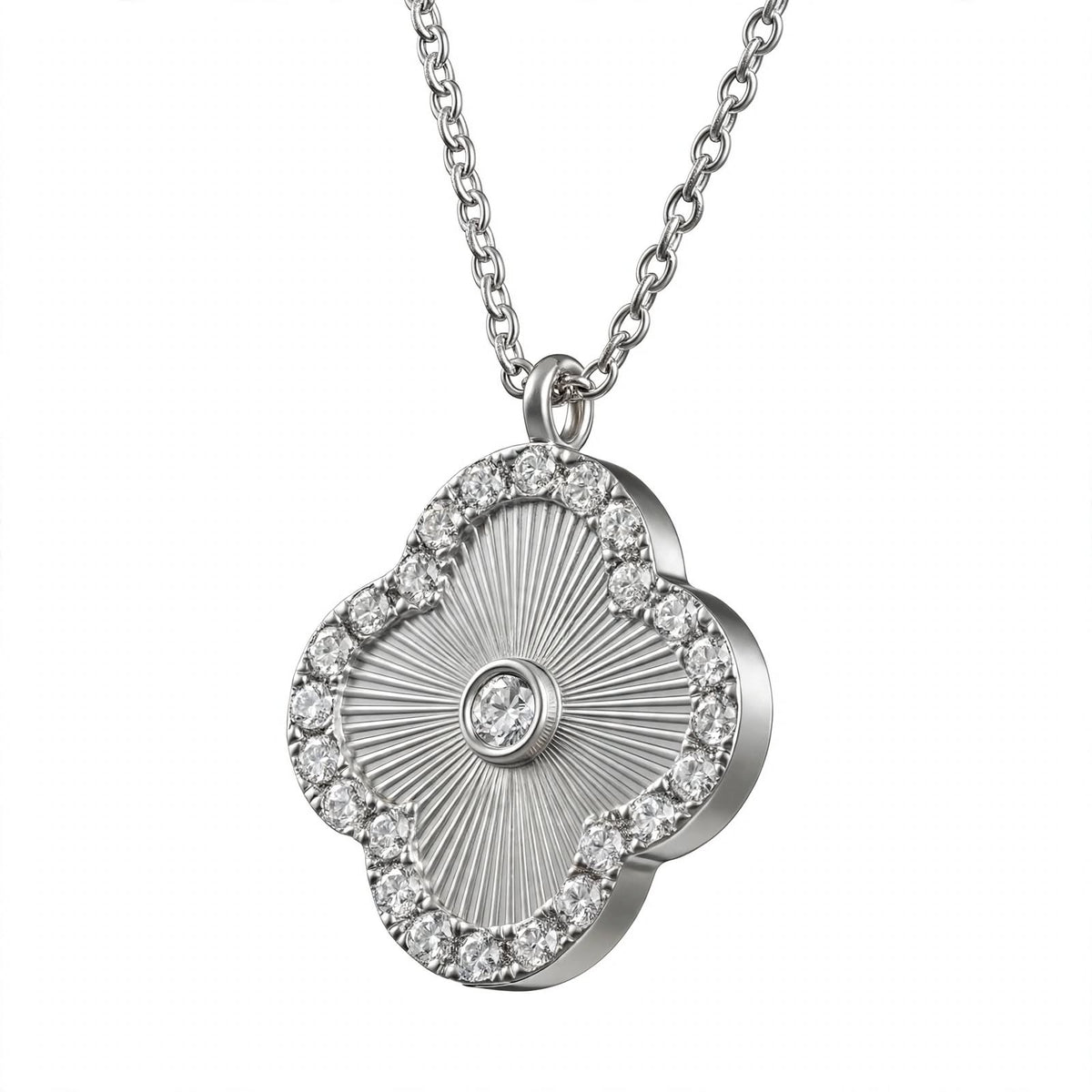 14K Gold Guilloché Clover Pendant Necklace with Diamond Halo