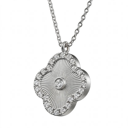 14K Gold Guilloché Clover Pendant Necklace with Diamond Halo