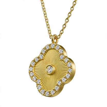 14K Gold Guilloché Clover Pendant Necklace with Diamond Halo