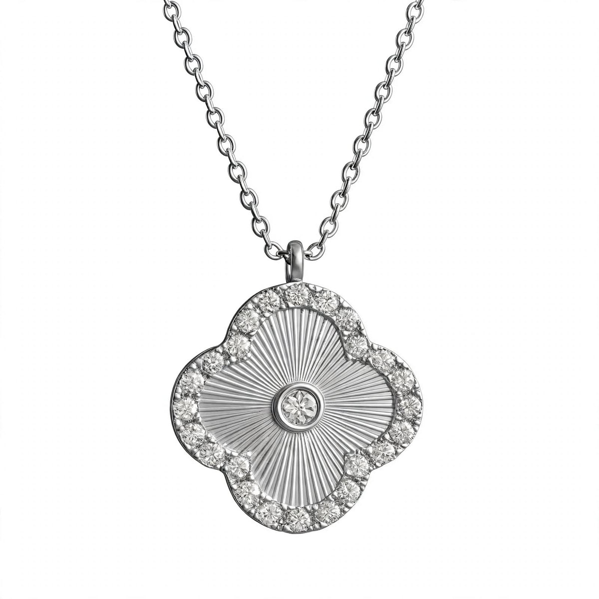 14K Gold Guilloché Clover Pendant Necklace with Diamond Halo