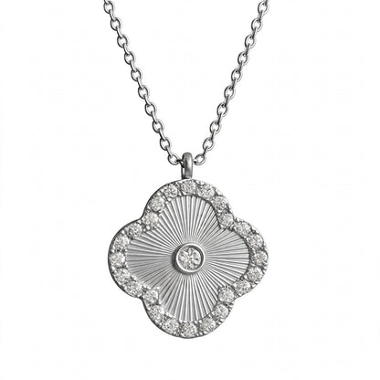 14K Gold Guilloché Clover Pendant Necklace with Diamond Halo