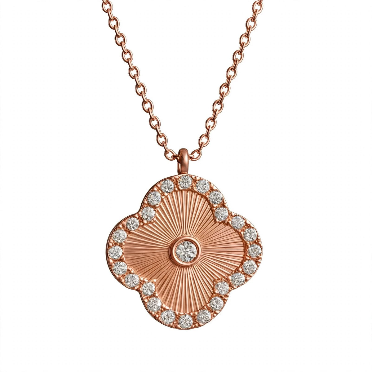 14K Gold Guilloché Clover Pendant Necklace with Diamond Halo
