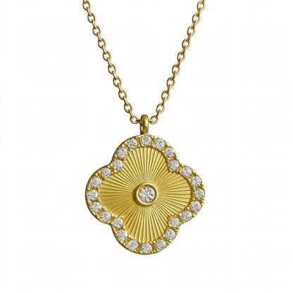 14K Gold Guilloché Clover Pendant Necklace with Diamond Halo