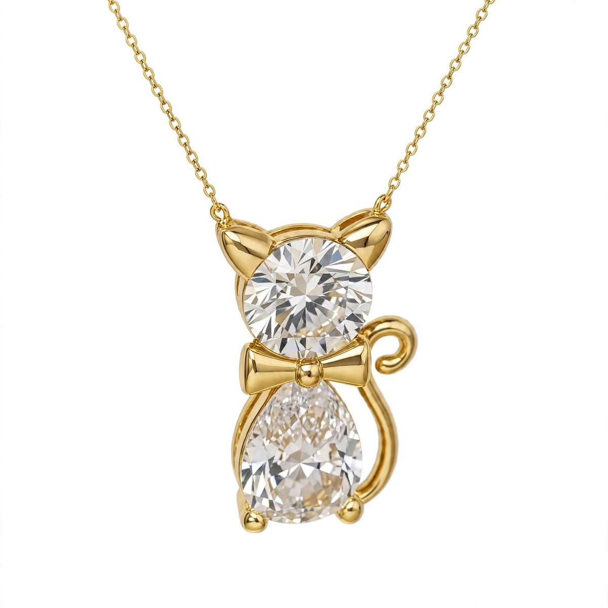 18K Yellow Gold Two-Stone Cat Pendant Necklace