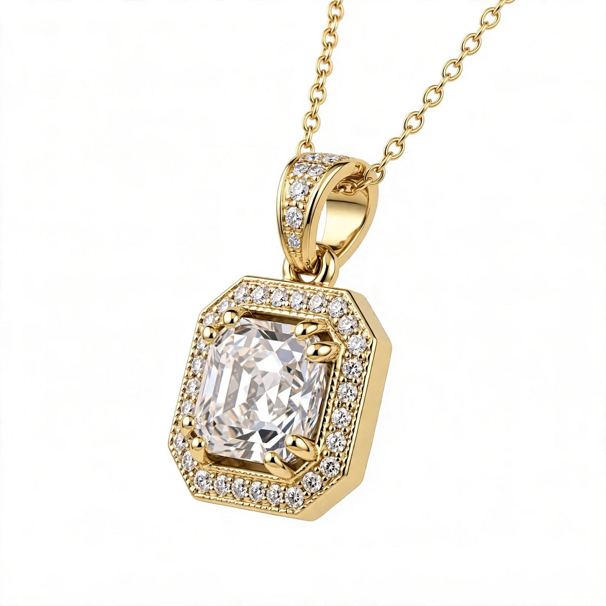 Asscher Cut Halo Solitaire Pendant Necklace.