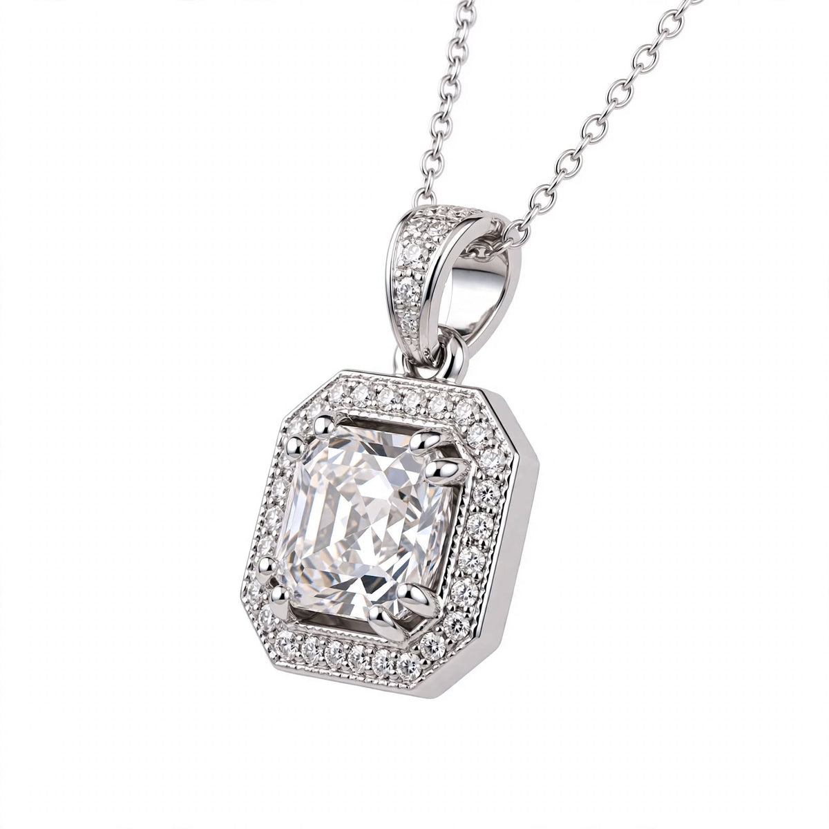 Asscher Cut Halo Solitaire Pendant Necklace.