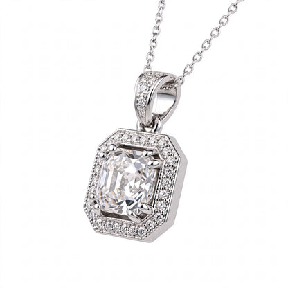 Asscher Cut Halo Solitaire Pendant Necklace.