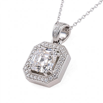 Asscher Cut Halo Solitaire Pendant Necklace.