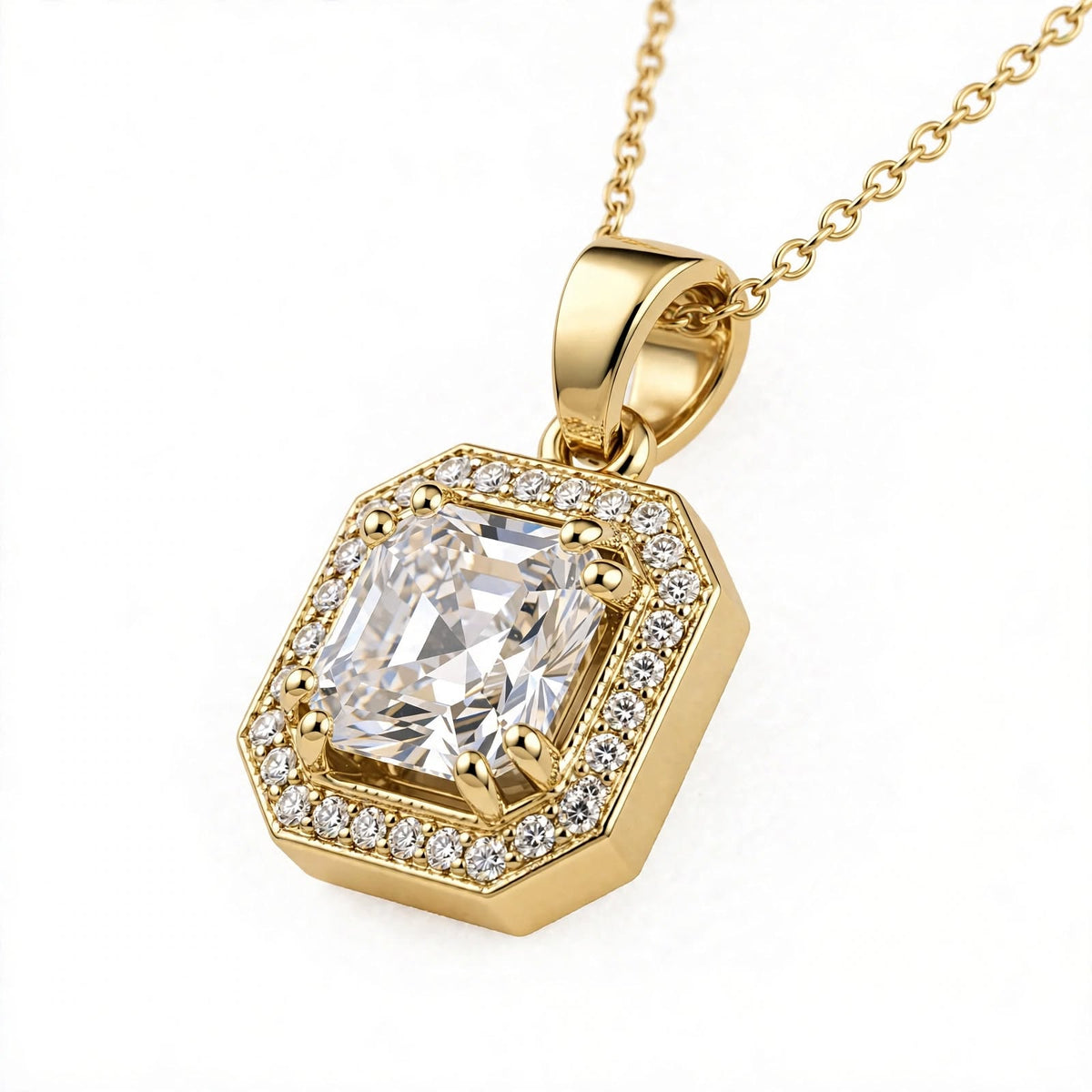 Asscher Cut Halo Solitaire Pendant Necklace.