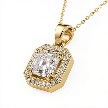 Asscher Cut Halo Solitaire Pendant Necklace.
