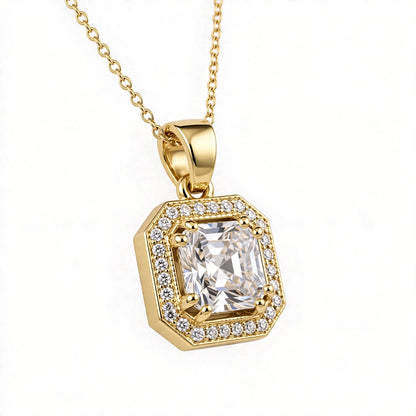 Asscher Cut Halo Solitaire Pendant Necklace.