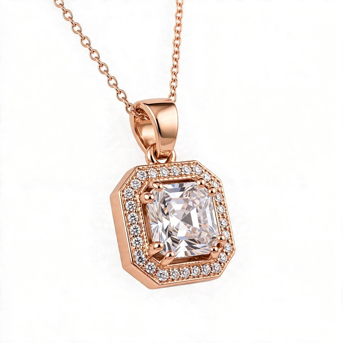Asscher Cut Halo Solitaire Pendant Necklace.