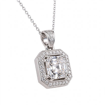 Asscher Cut Halo Solitaire Pendant Necklace.