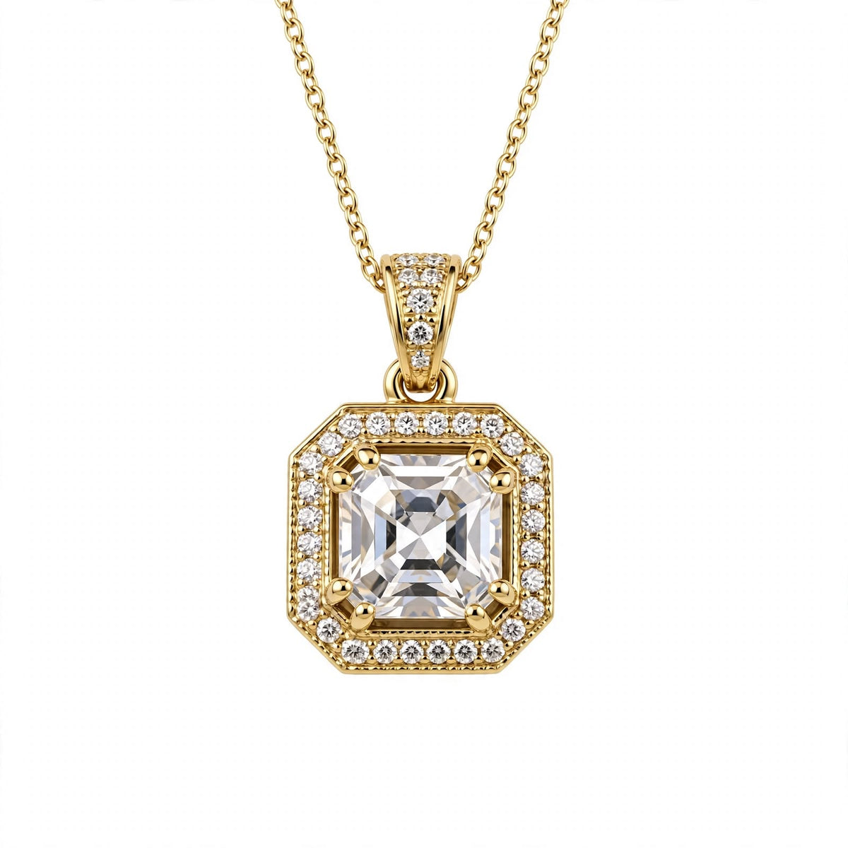 Asscher Cut Halo Solitaire Pendant Necklace.