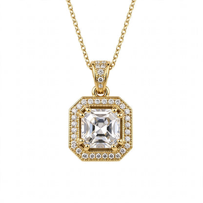 Asscher Cut Halo Solitaire Pendant Necklace.