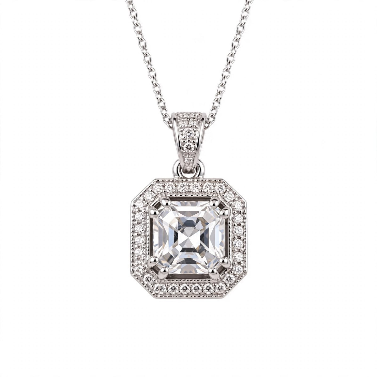 Asscher Cut Halo Solitaire Pendant Necklace.