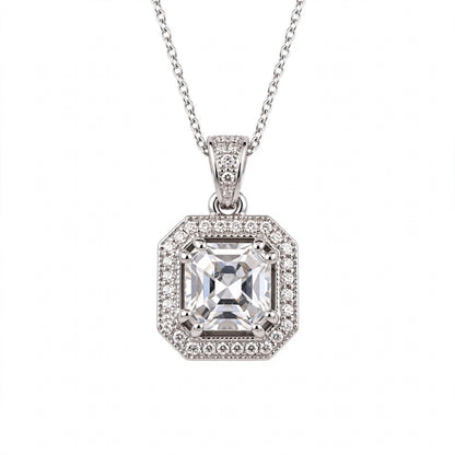 Asscher Cut Halo Solitaire Pendant Necklace.