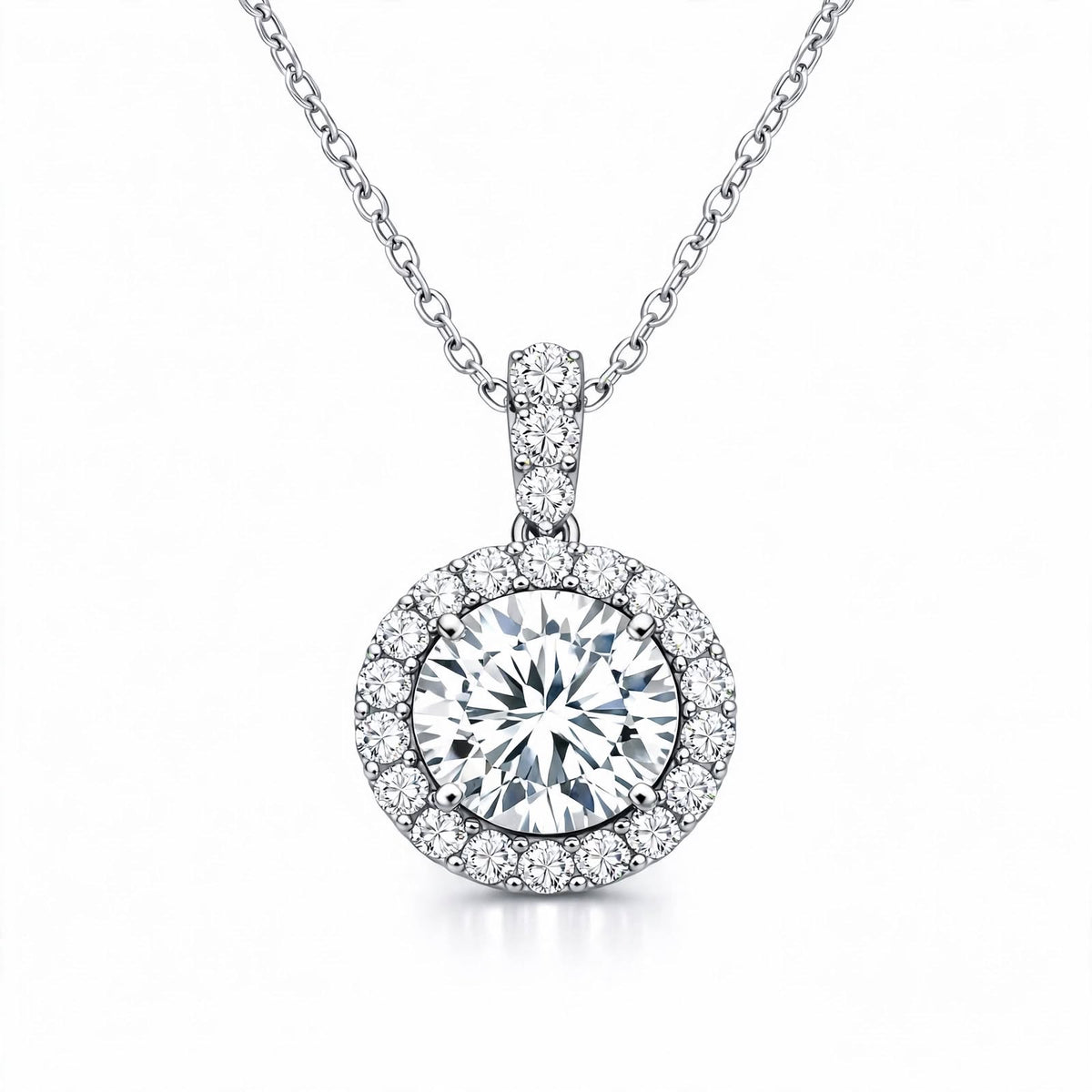 14K White Gold Round Brilliant Diamond Halo Pendant Necklace