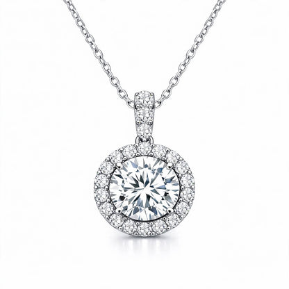 14K White Gold Round Brilliant Diamond Halo Pendant Necklace
