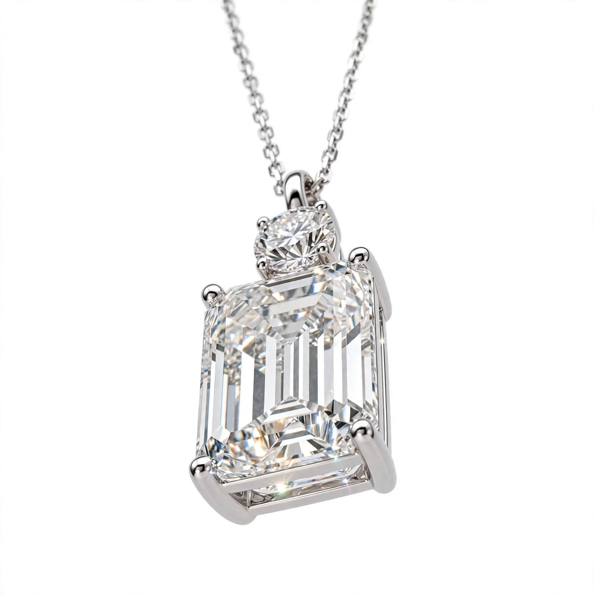 14K White Gold Emerald Cut Diamond Pendant Necklace